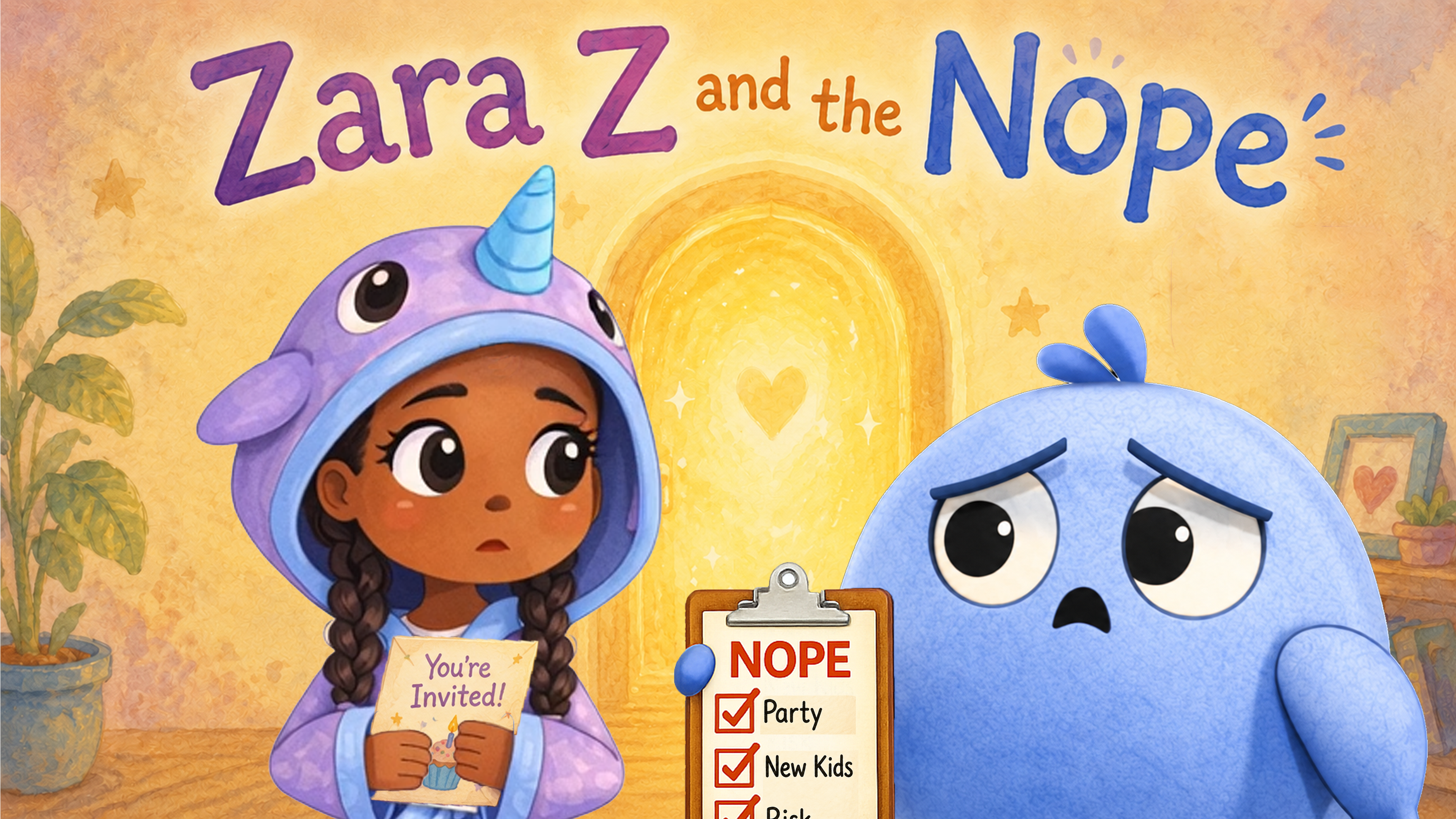 Zara holding a party invitation beside Nope, a worried blue dream creature with a clipboard.