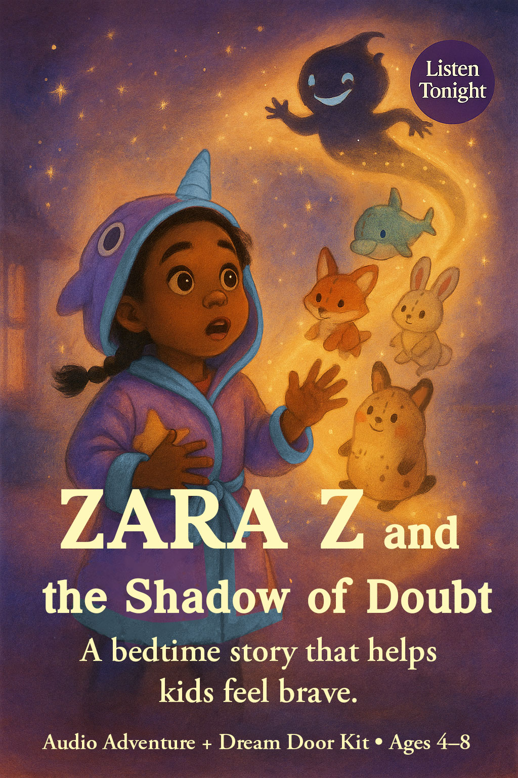 Zara faces the Shadow of Doubt in the dream world, her narwhal hoodie glowing as her stuffed friends float in the starlit sky.